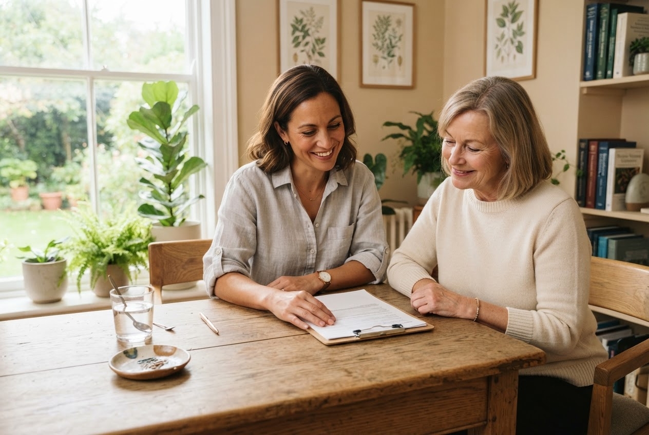 Two people reviewing medical reports together