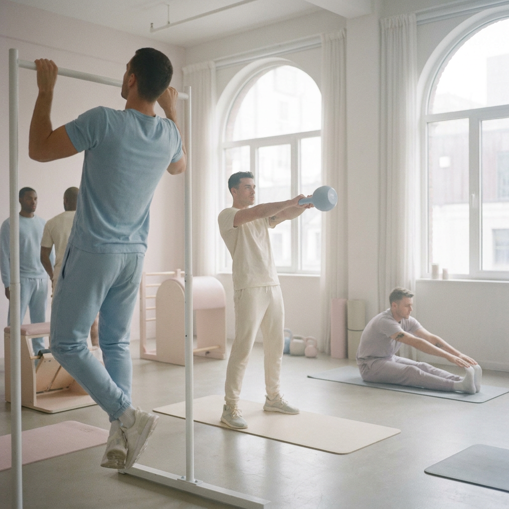 People training in a bright studio