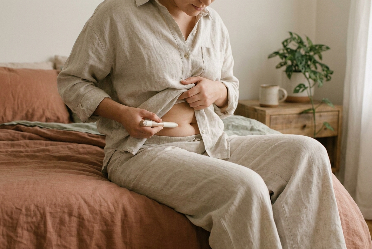 A person administering a GLP-1 injection pen to the abdomen at home