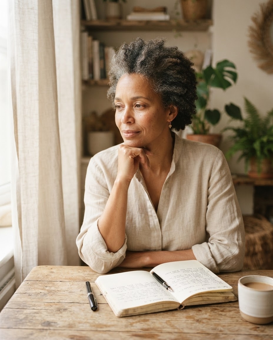 A woman journaling at a sunlit table with coffee