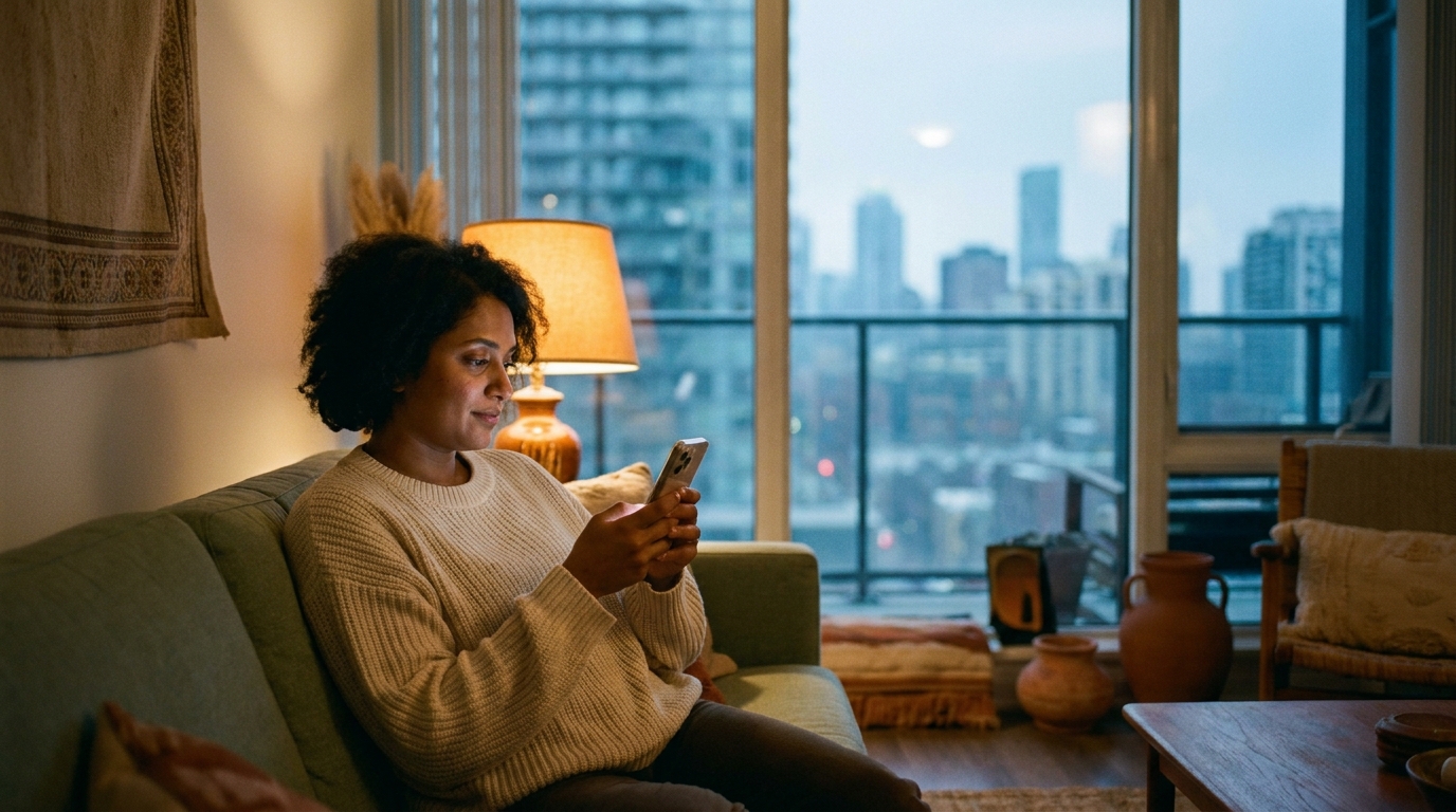 An adult child on their phone in a city apartment at dusk