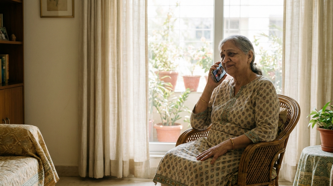 An older woman on a video call at home